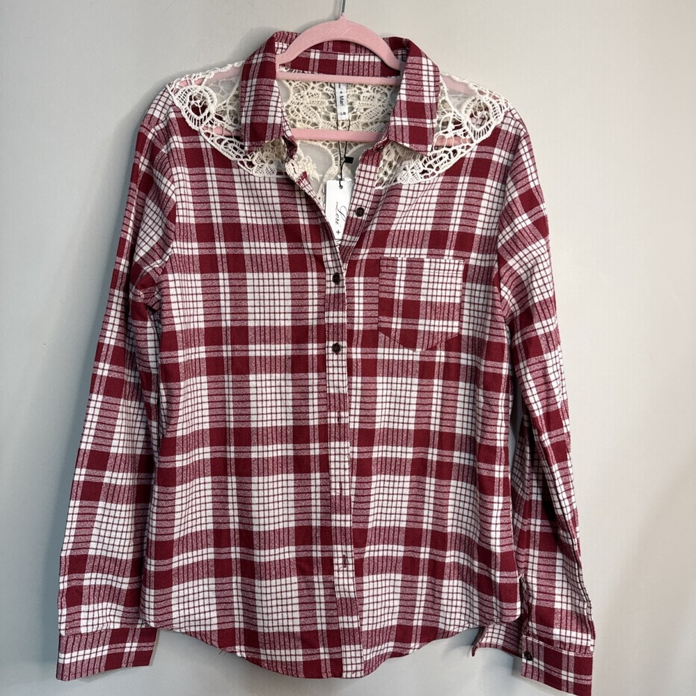 Lori + Mari‎ Red Plaid Lace Yoke Shirt Cowgirl Western Button Down NWT L